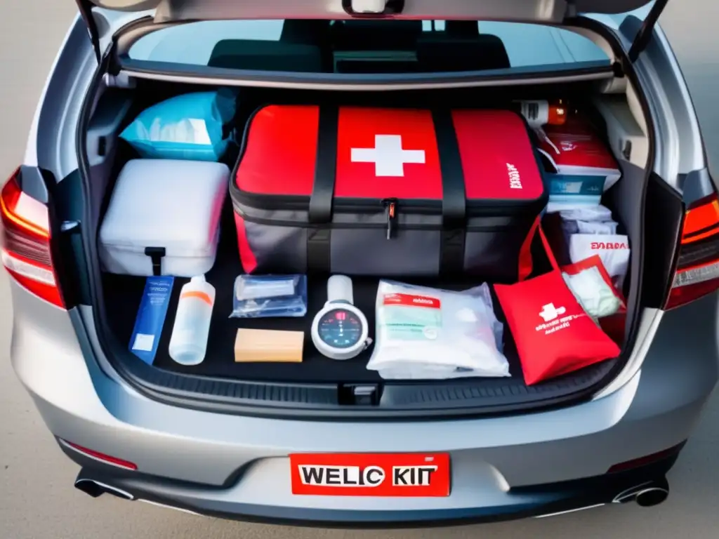 Kit de emergencia vehículo: suministros organizados en un baúl de auto moderno, listos para emergencias