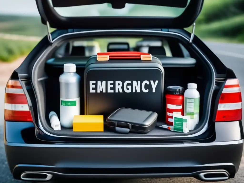 Kit de emergencia para carretera en un auto negro con elementos esenciales organizados y listos para emergencias