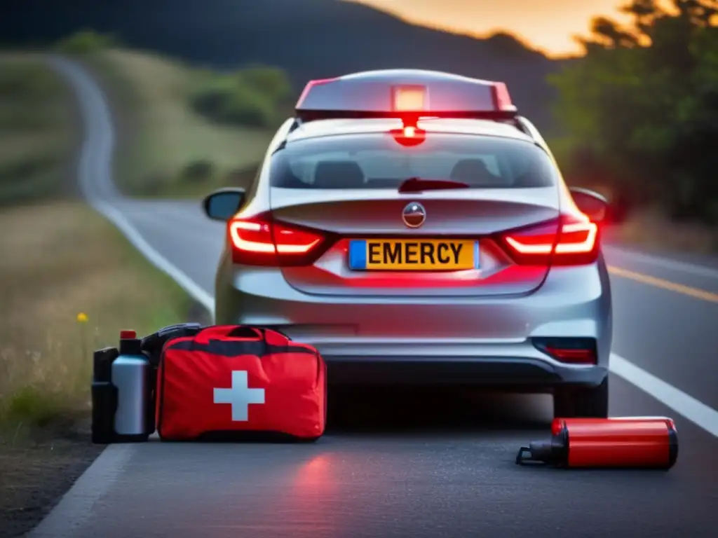 Kit de emergencia para conducir, coche con luces de emergencia, persona con chaleco reflectante y kit rojo abierto