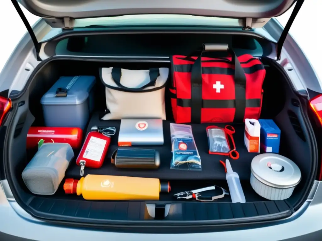 Elementos esenciales kit vehículo emergencia bien organizados en el maletero de un coche