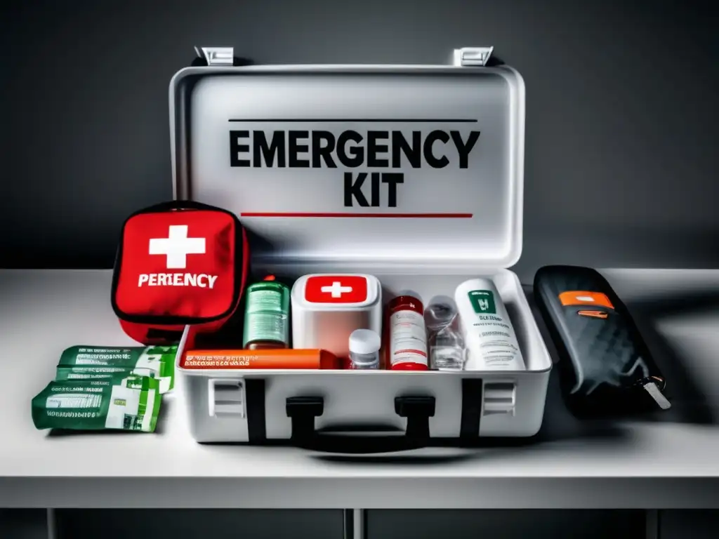 Kit de emergencia moderno y organizado con elementos esenciales para situaciones de emergencia, resaltando su diseño contemporáneo y colores vibrantes