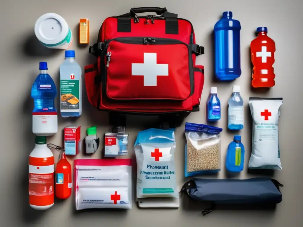 Kit de emergencia bien organizado y abastecido con alimentos no perecederos, agua, botiquín y utensilios de supervivencia