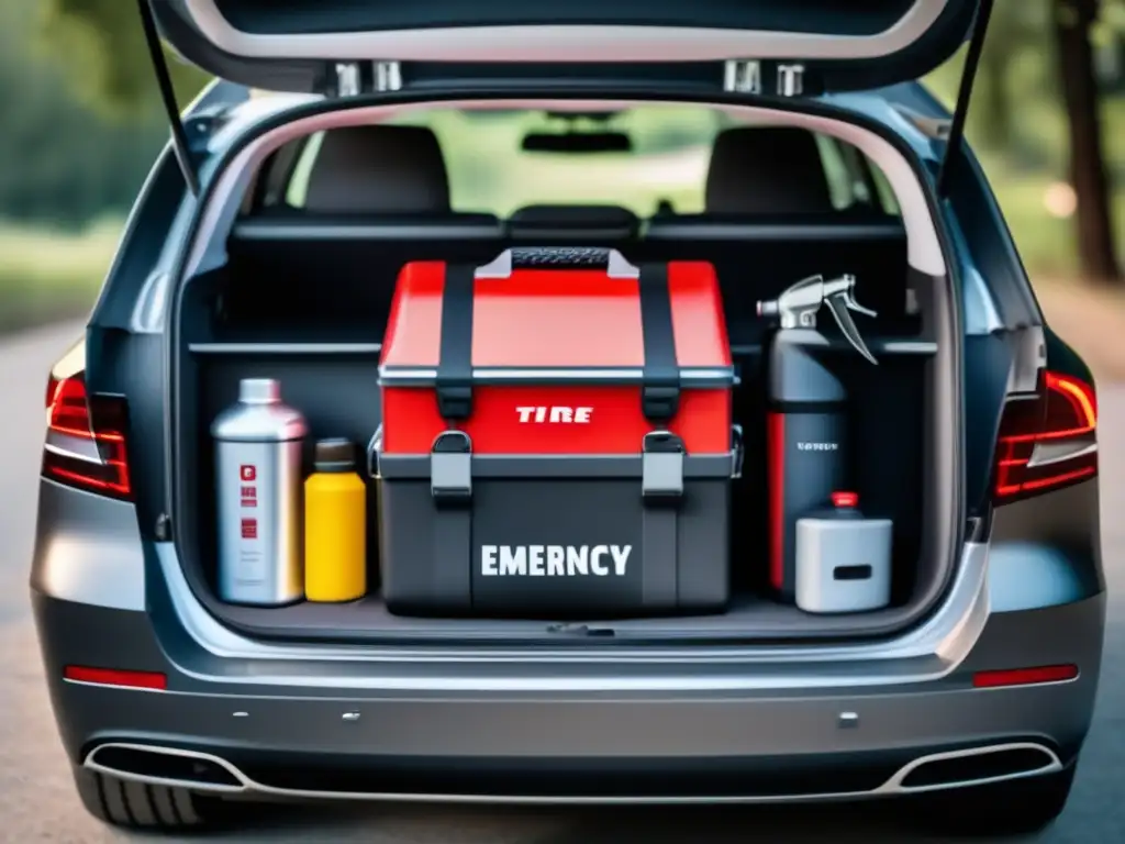 Kit emergencia vehículos: Tronco coche moderno, organizado, con todos los elementos esenciales