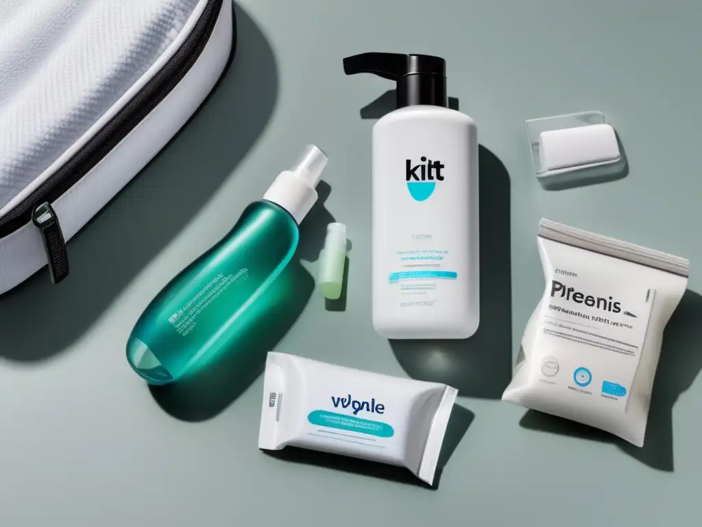 Kit de higiene portátil en superficie blanca: toallitas, desinfectante, mascarillas y toallas