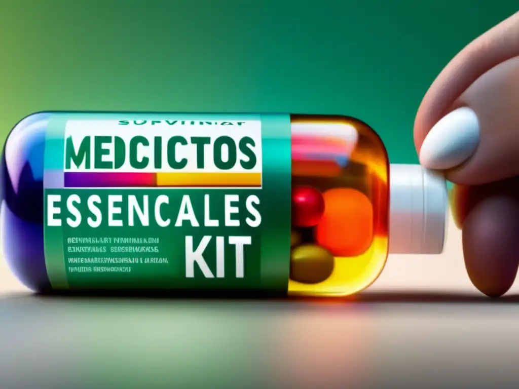 Mano sostiene botella de medicamentos esenciales kit supervivencia