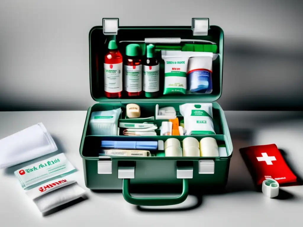 Kit primeros auxilios supervivencia completo en superficie blanca con compartimentos organizados y suministros médicos