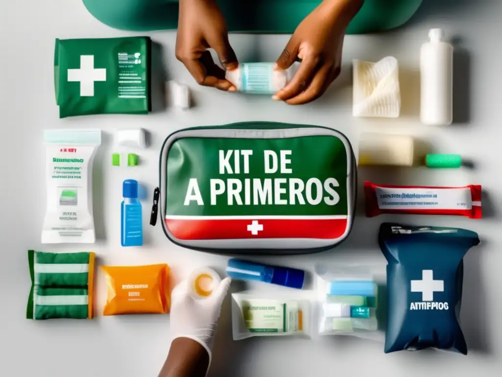 Organización cuidadosa de un kit de primeros auxilios con suministros médicos, incluyendo vendajes, toallitas antisépticas, medicamentos y guantes