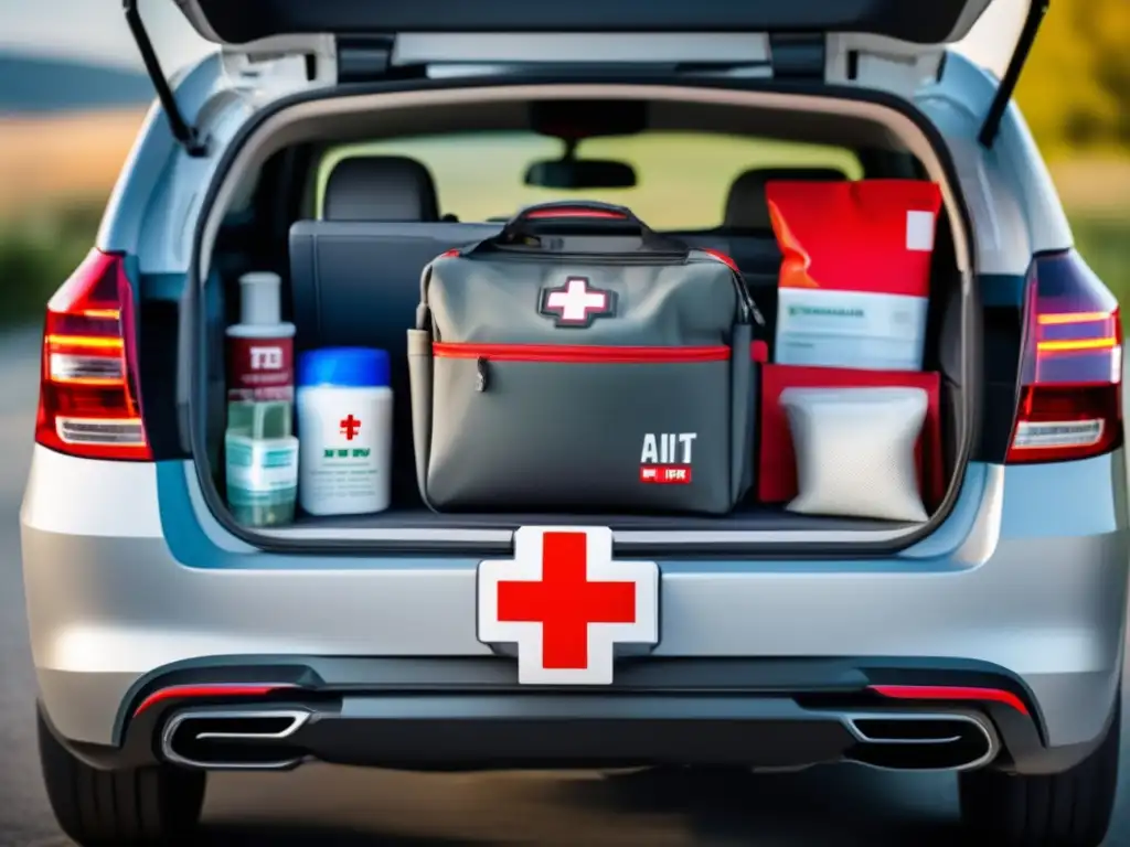 Kit de emergencia para coches con componentes indispensables: vendajes, toallitas antisépticas, tijeras, pinzas, cinta adhesiva