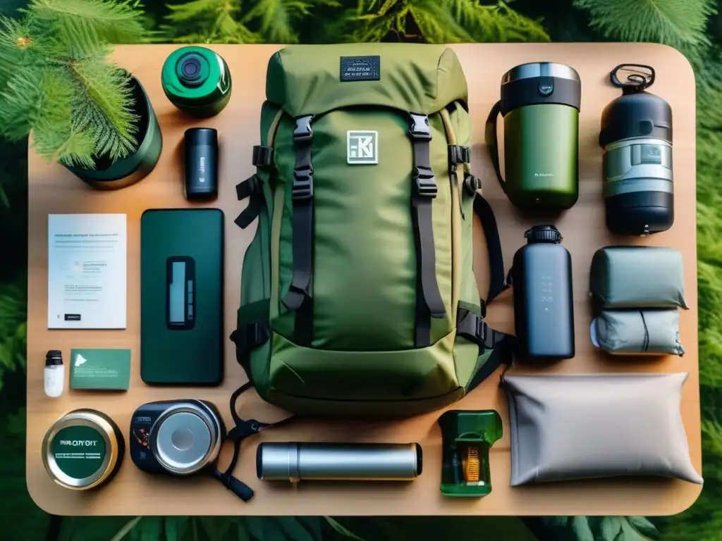 Kit de supervivencia ante cambio climático en mesa minimalista con vista panorámica a bosque verde