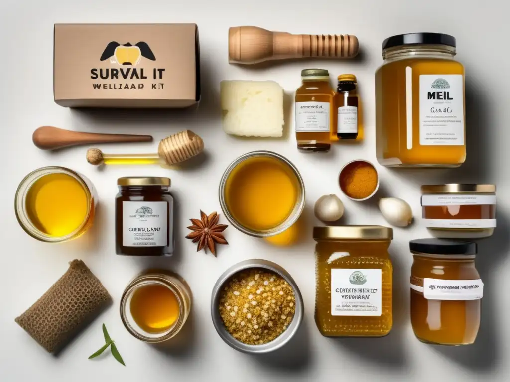 Kit supervivencia: Alimentos medicinales como miel cruda, ajo y cúrcuma en un diseño moderno y organizado