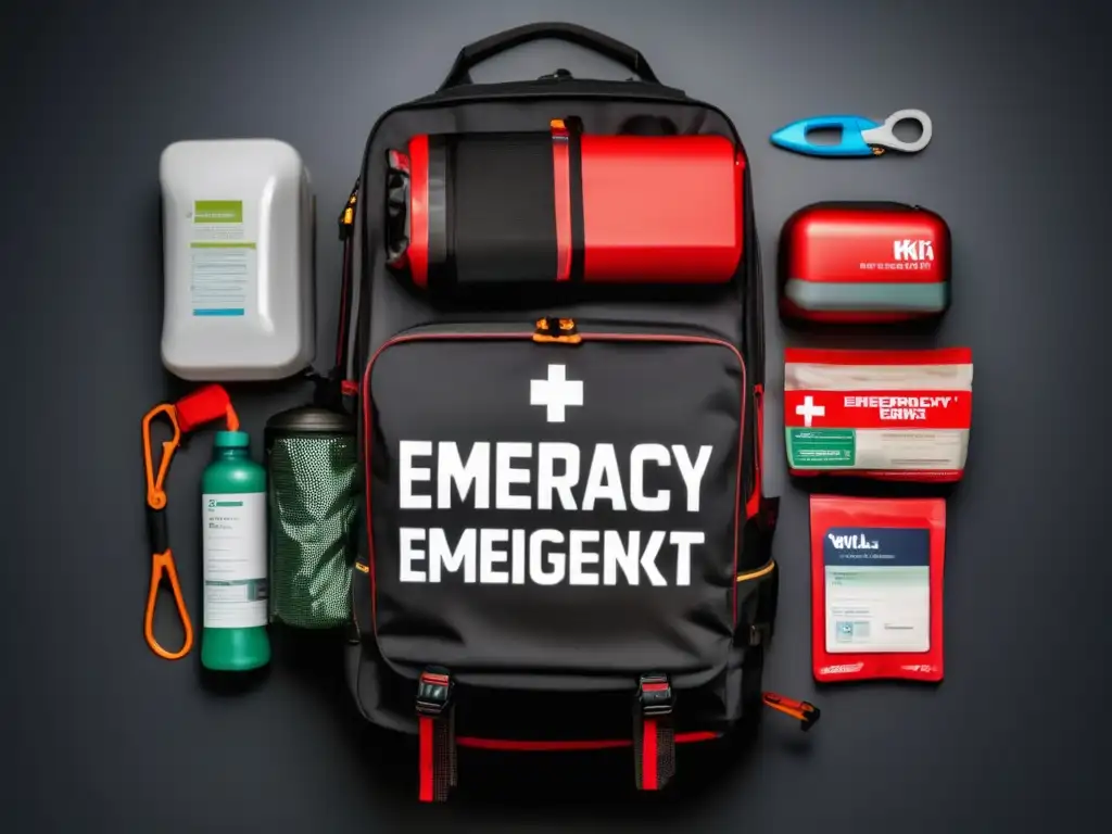 Elementos esenciales kit vehículo emergencia: mochila compacta, linterna, botiquín, manta, multiherramienta y agua