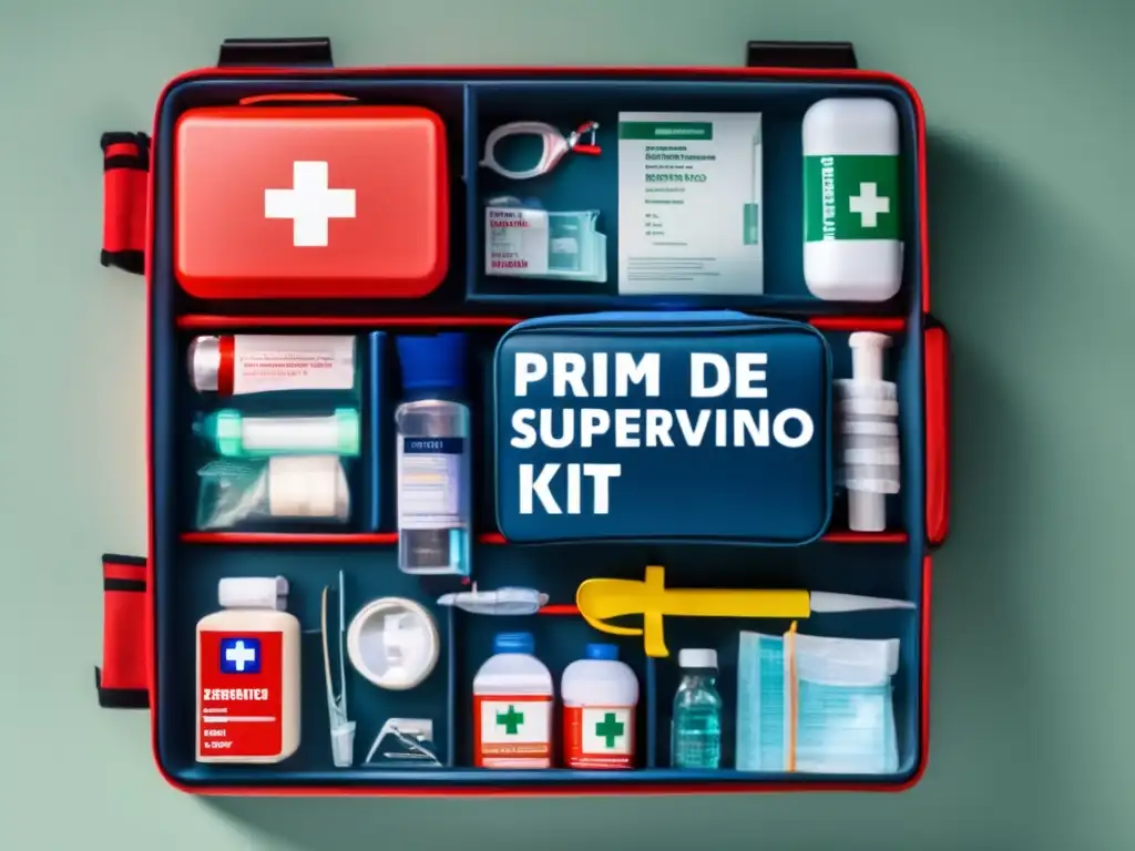 Kit primeros auxilios supervivencia completo - Imagen detallada de un kit moderno y bien organizado con suministros médicos y un equipo médico profesional atendiendo a un paciente herido