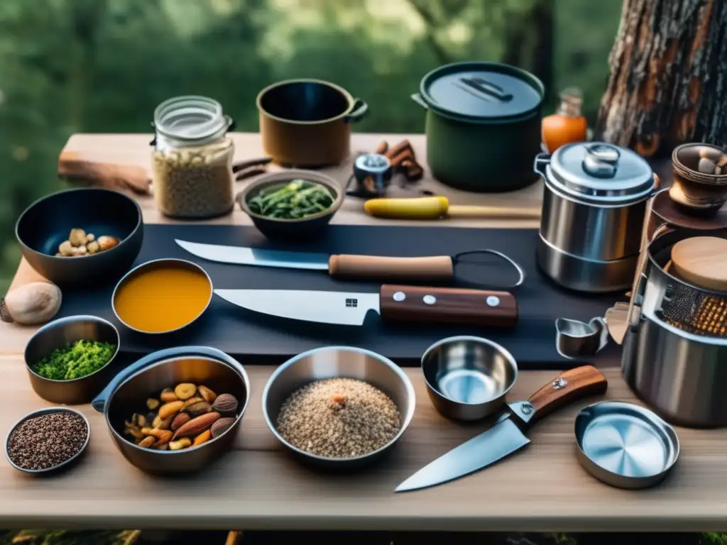 Comida de supervivencia casera en una cocina equipada rodeada de naturaleza