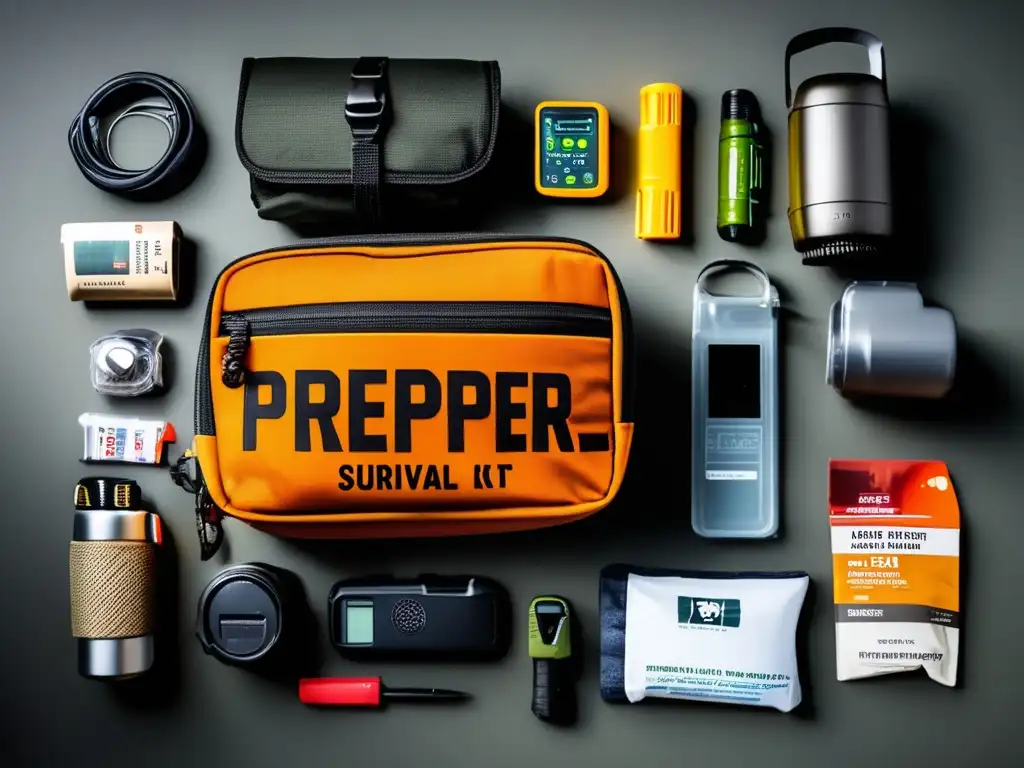 Gadgets de seguridad para preppers en una mesa minimalista, destacando su funcionalidad y diseño moderno