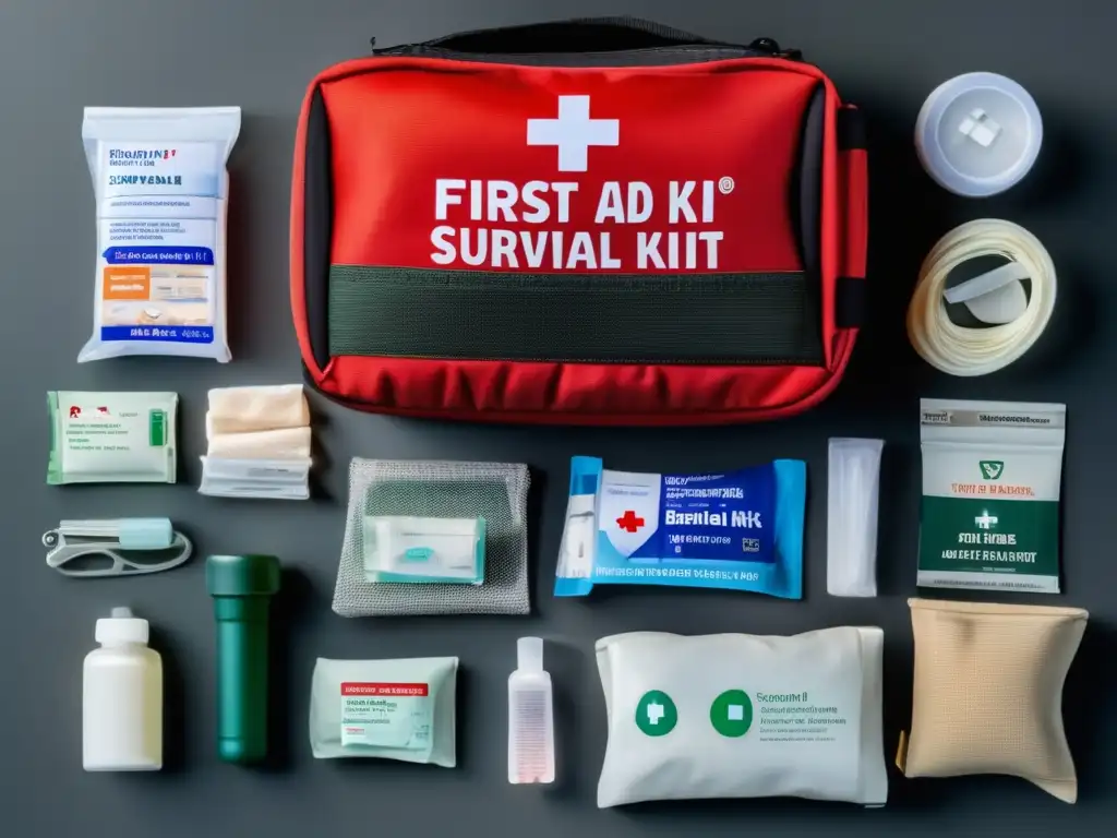 Kit primeros auxilios supervivencia completo, organizado y compacto con elementos esenciales para emergencias