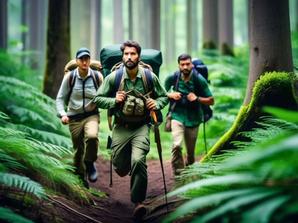 Liderazgo en situaciones de supervivencia: Grupo en el bosque, líderes seguros y equipados, evaluando el entorno con determinación