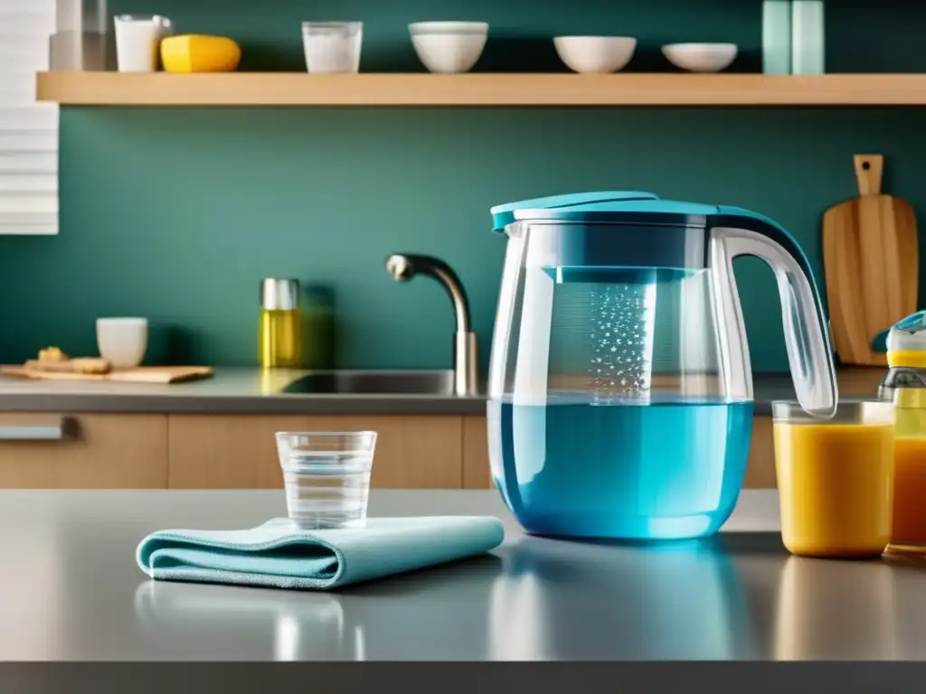 Desinfección de agua casera segura: cocina moderna con utensilios y productos de limpieza