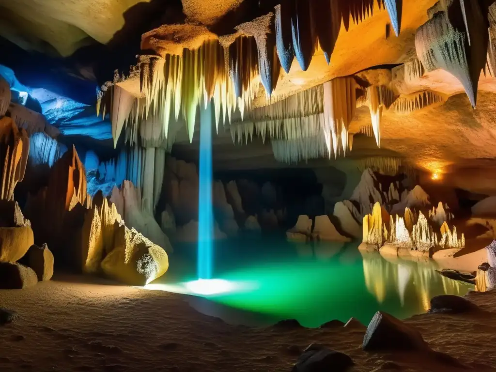 Guía navegación subterránea: Caverna iluminada con estalactitas, río cristalino y maravillas ocultas