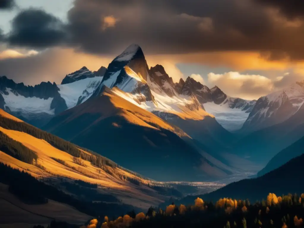 Impresionante imagen de una montaña imponente, con picos nevados que atraviesan las nubes y bañados por la cálida luz dorada del sol