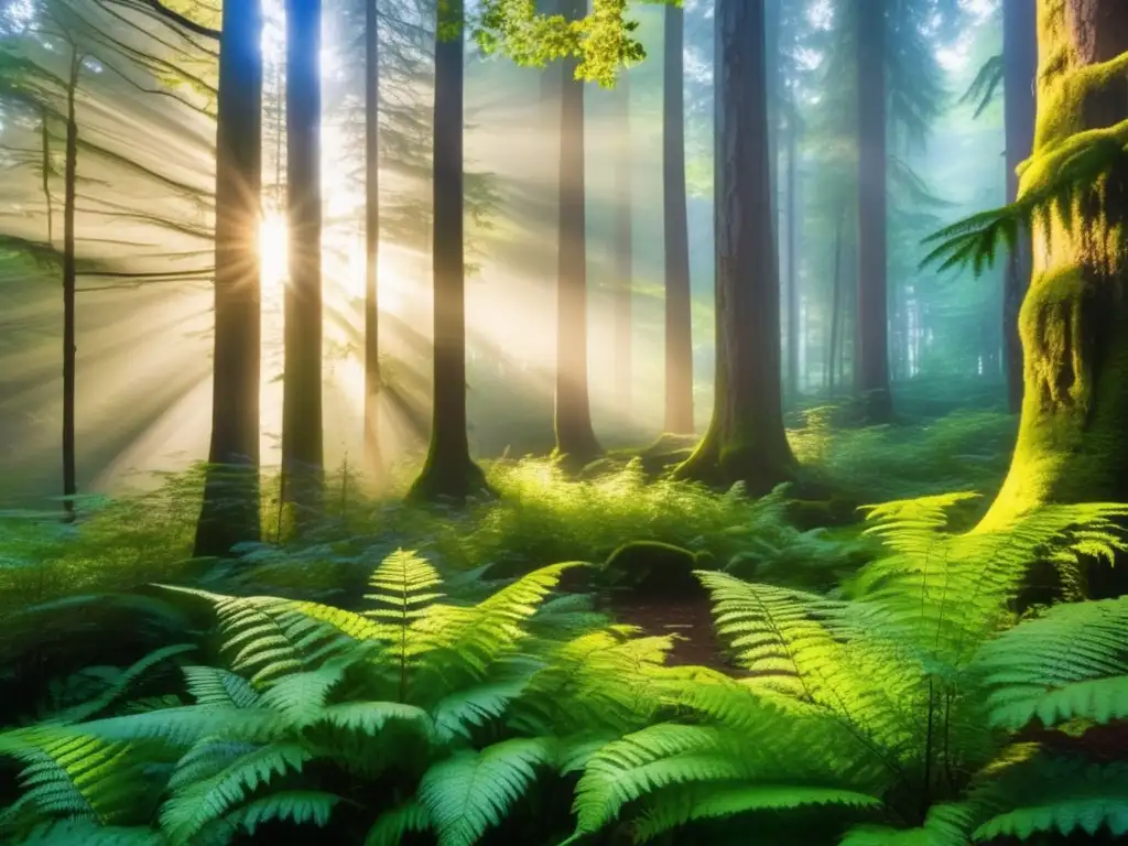Un bosque denso bañado en cálida luz dorada