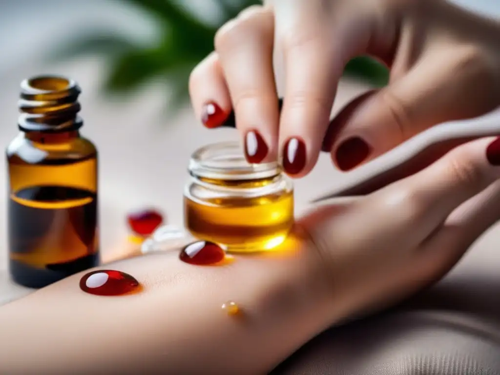 Beneficios de aceites esenciales en herida: mano vierte gotas suavemente, aceite en botella, herida en proceso de curación