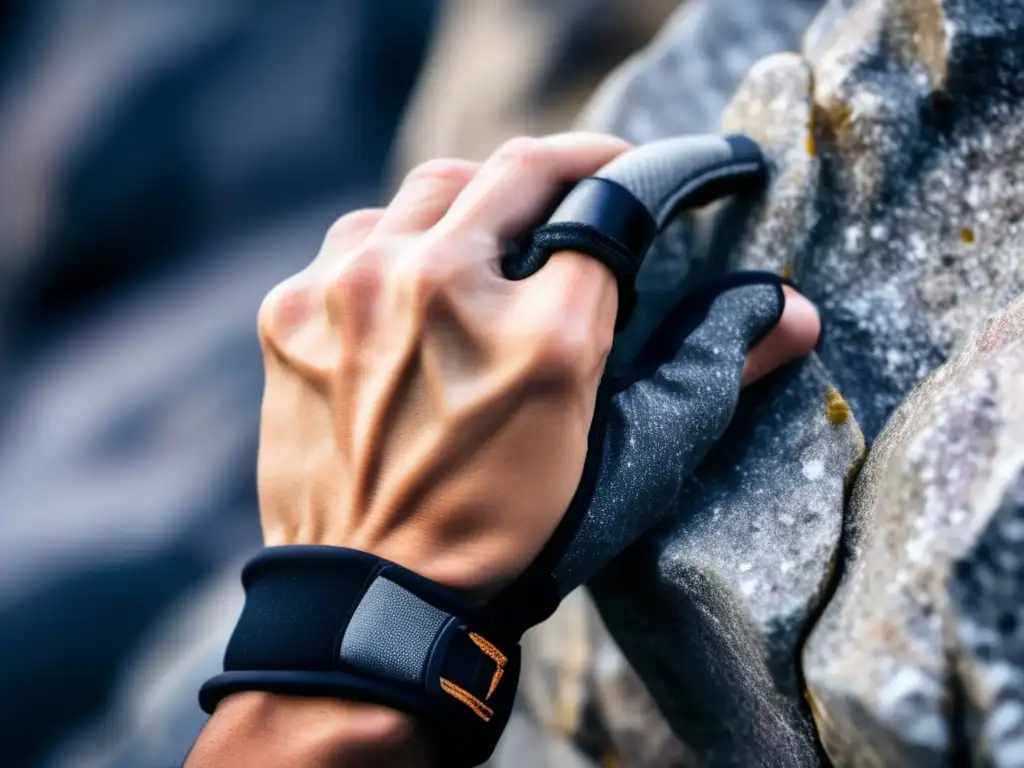 Mano de escalador agarrando una superficie de granito con guante de calidad, detalle de técnica de escalada segura montaña