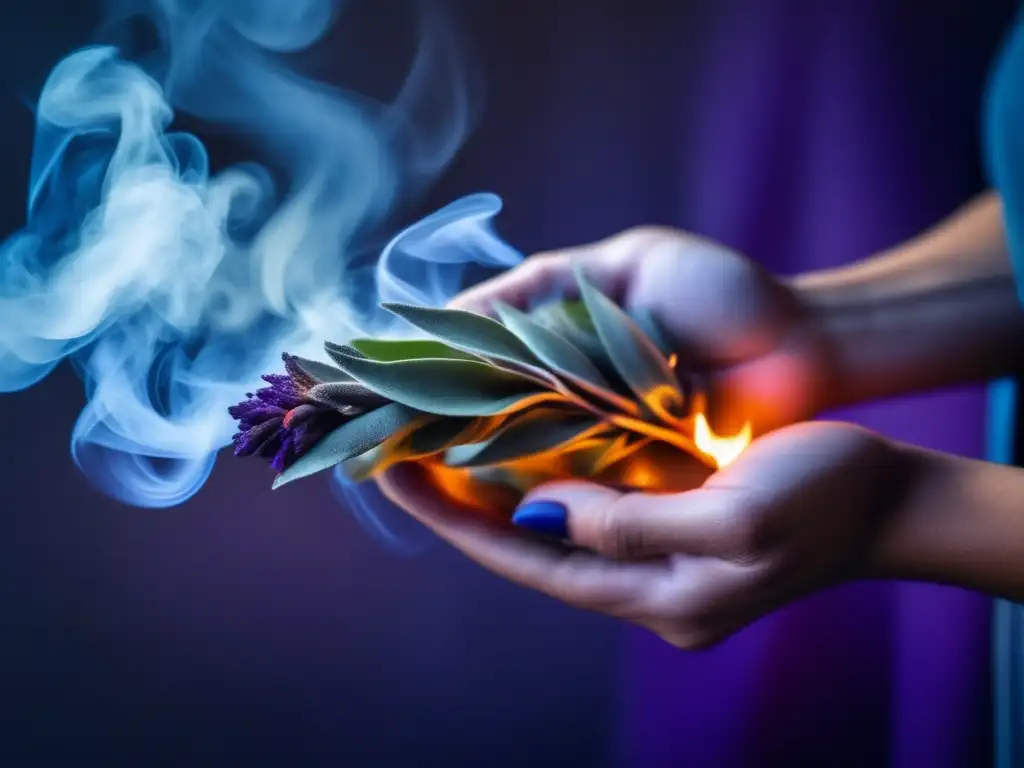 Mano sostiene ramo de salvia en llamas, humo fragante crea patrones y colores vibrantes - Señales de humo para preppers