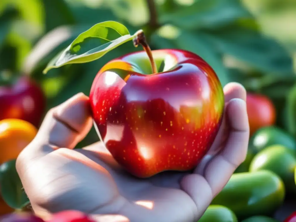 Alimentos seguros contra plagas, mano sosteniendo una manzana roja brillante rodeada de frutas y verduras frescas y vibrantes