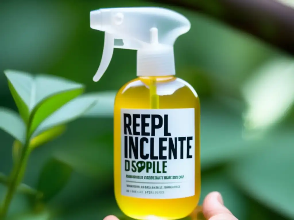 Repelente de insectos natural emergencia - Mano sosteniendo spray minimalista con etiqueta profesional