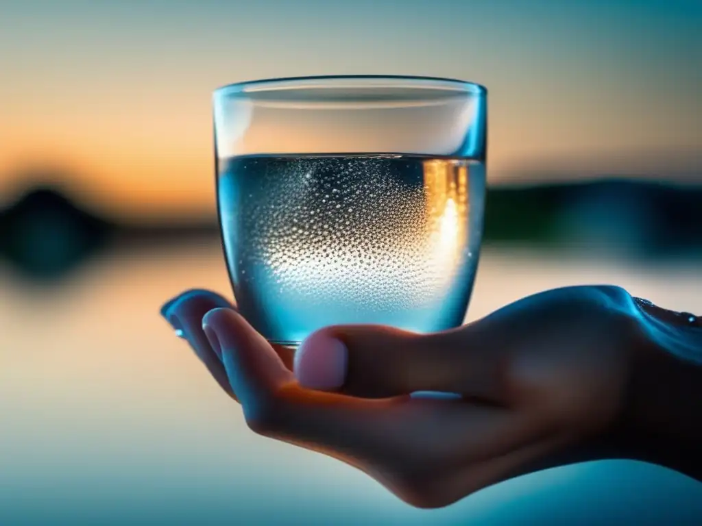 Mano sostiene vaso de agua pura y burbujeante