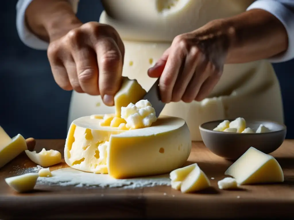 Expertas manos cortando curd de queso con destreza y precisión - Queso casero para la supervivencia