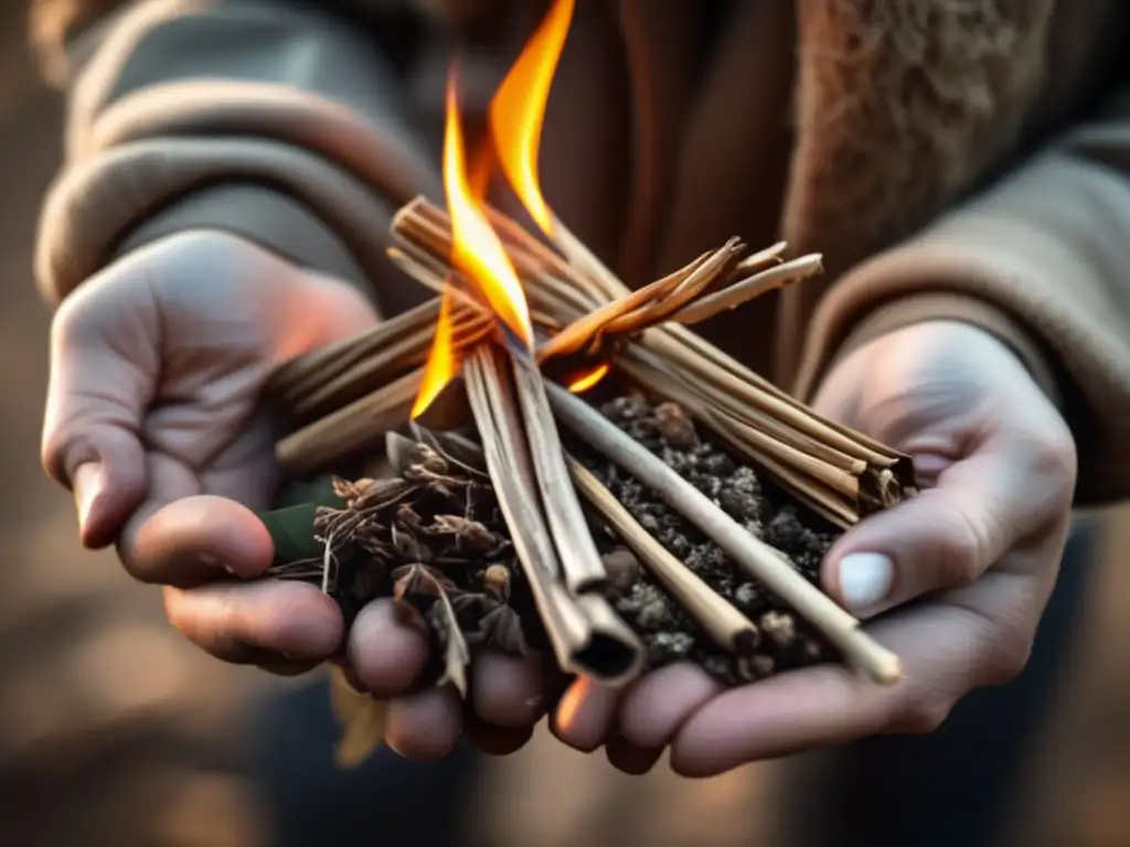 Preparando material para encender hoguera en situaciones de emergencia