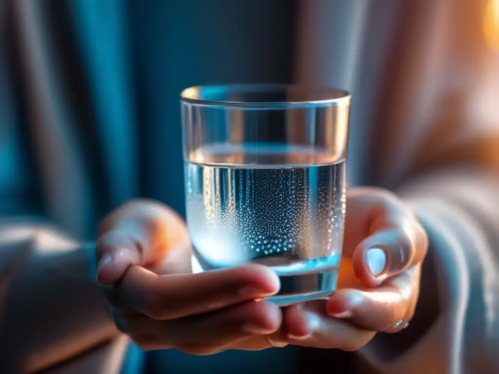 Preparación emocional falta comida agua - Manos sosteniendo vaso de agua con gotas cristalinas - Paisaje seco y desolado - Tonos fríos para calma