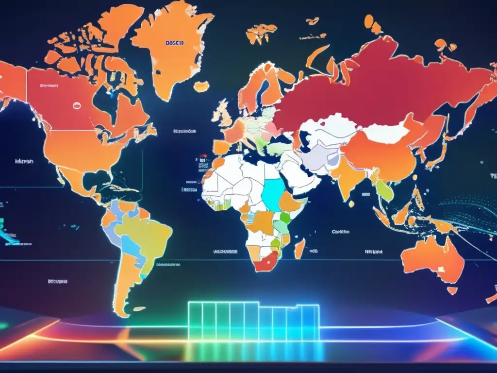 Mapa mundial holográfico con países y regiones resaltados en colores indicativos de situaciones geopolíticas