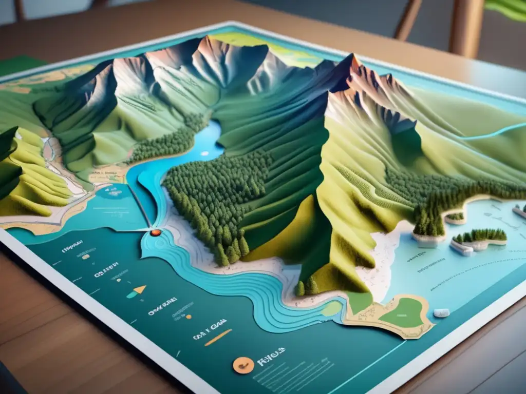 Mapa topográfico detallado en 8k con paisajes diversos, símbolos y leyendas