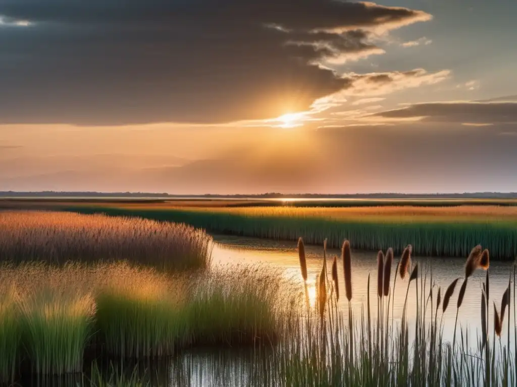 Exquisita imagen 8k de un vasto pantano iluminado por el sol, reflejando la belleza y serenidad de los terrenos pantanosos