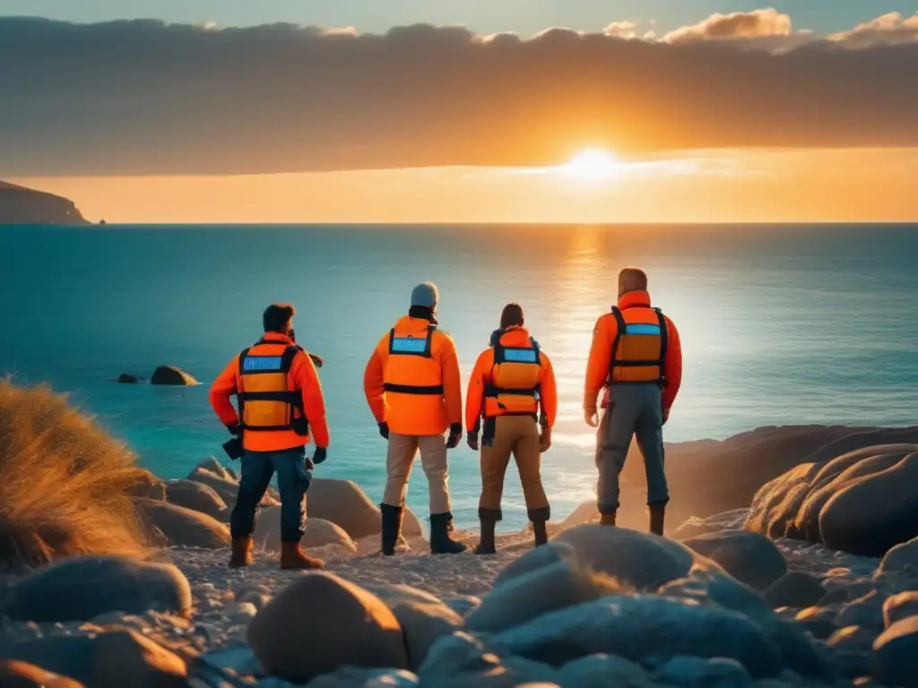 Curso supervivencia marítima: grupo de personas preparadas en la orilla, frente al mar, con bote de rescate