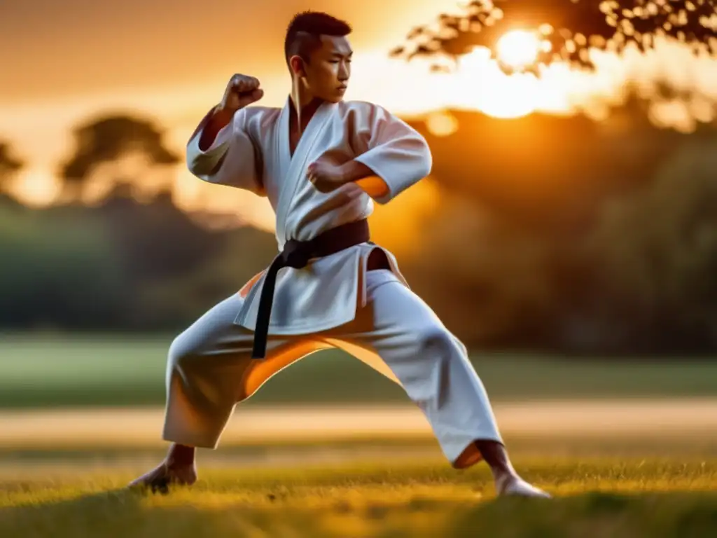 Persona en uniforme de artes marciales realiza potente patada circular en entorno natural al atardecer - Defensa personal en situaciones extremas