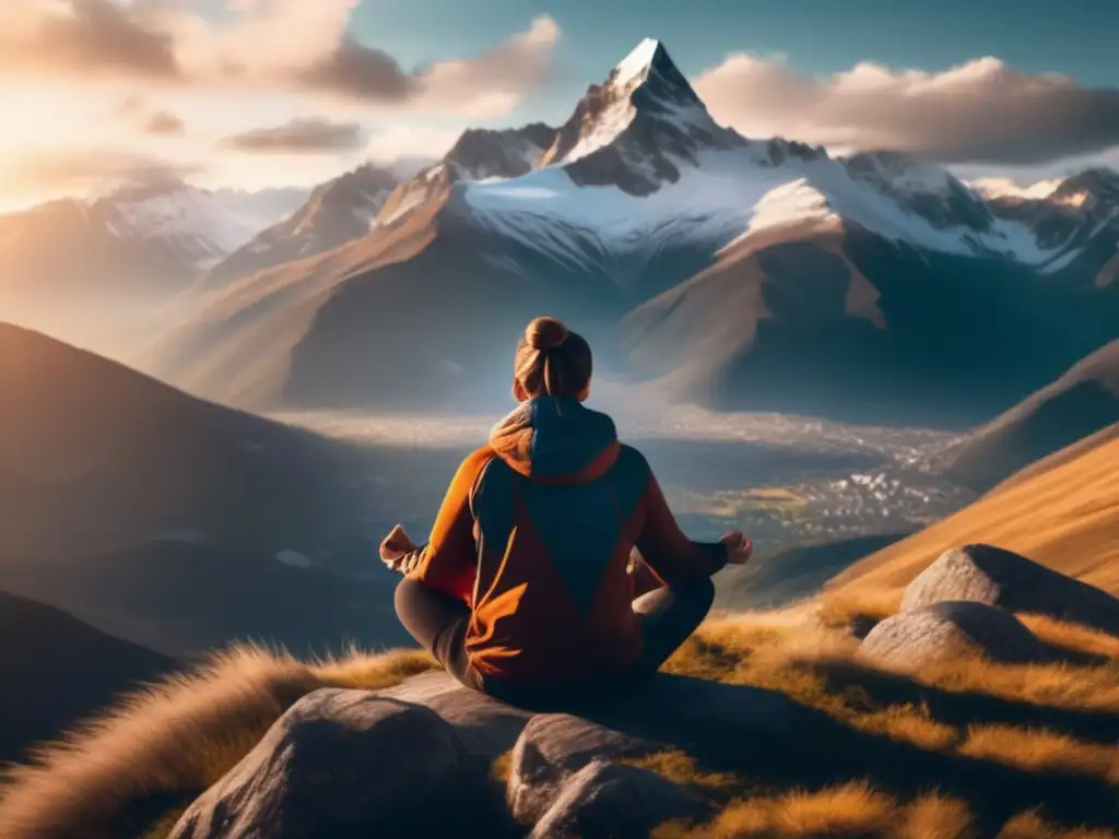 Fortaleza mental en crisis - Persona en meditación en la cima de una montaña nevada, rodeada de picos impresionantes