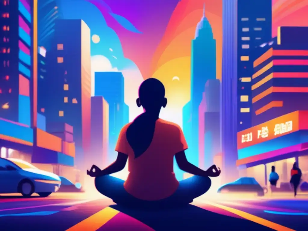 Visualización positiva en emergencias: persona en meditación en caótica ciudad