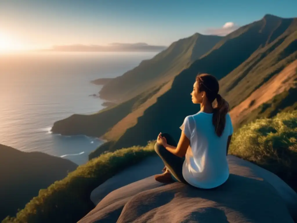 Beneficios de la respiración consciente en emergencias: persona en la cima de una montaña, mirando al mar