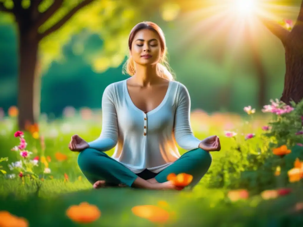 Persona meditando en prado verde rodeado de flores y árboles altos