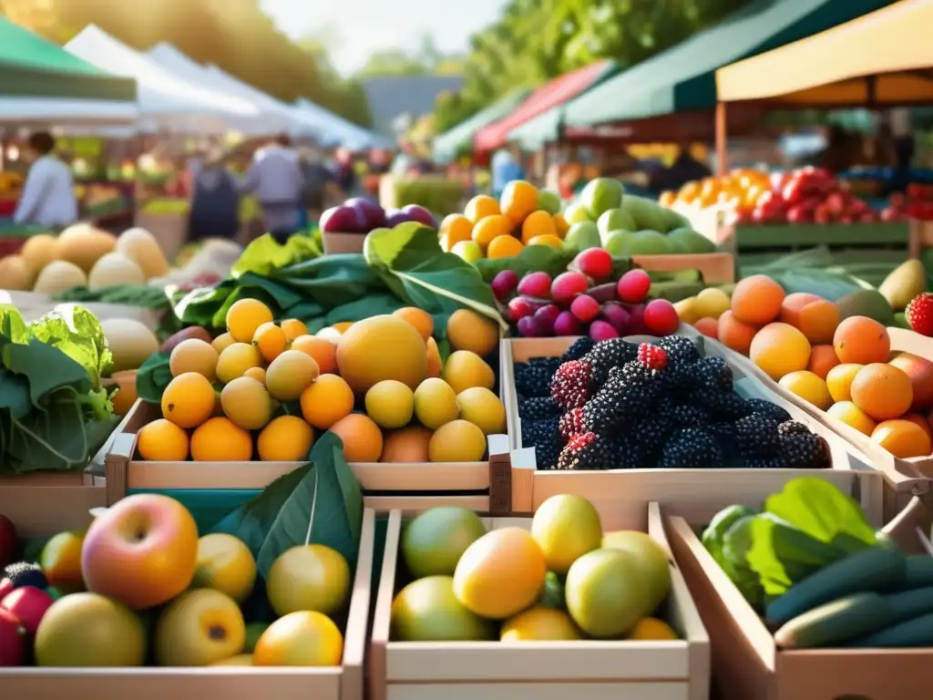 Escena vibrante de un mercado agrícola con frutas y verduras frescas, resaltando beneficios de la alimentación en crisis