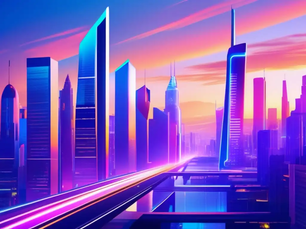 Una ciudad futurista al atardecer, con rascacielos de vidrio y acero reflejando los colores vibrantes del ocaso