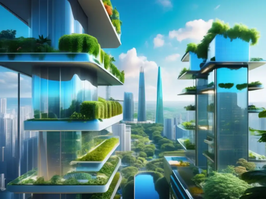 Estrategias de supervivencia ante cambio climático: Futurista ciudad con edificios de vidrio y acero, rodeada de vegetación exuberante