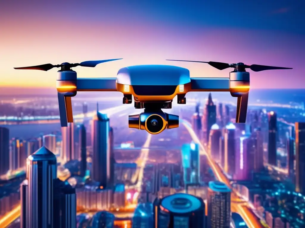 Drones de vigilancia: amenaza sociedad - Ciudad nocturna en 8K con rascacielos iluminados y un dron futurista en primer plano