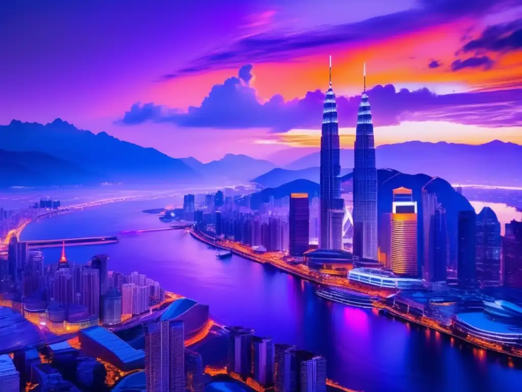 Ciudad moderna con ríos y montañas Ciudad al atardecer con rascacielos, montañas y río