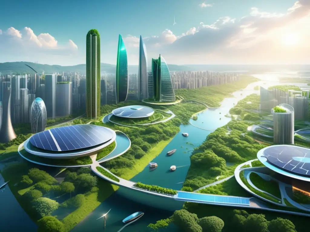 Futurista ciudad ecológica con medidas sostenibles, preparación para el cambio climático