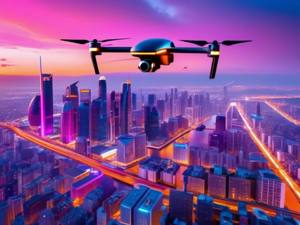 Drones de vigilancia: amenaza sociedad, ciudad futurista bajo cielo naranja y rosa, drone metálico captura vista aérea