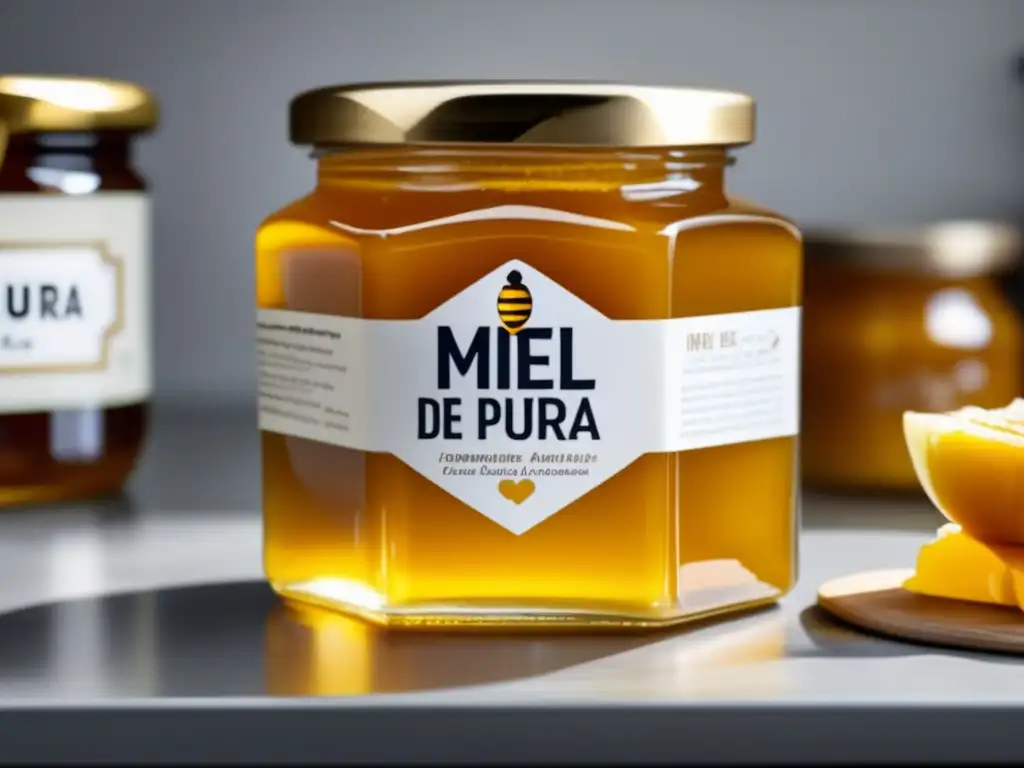 Conservación miel abeja preppers: tarro dorado con miel, ingredientes frescos y estética minimalista